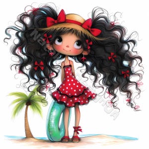 Fille d'été décalée Clip Art 10 haute résolution aquarelle JPG indésirable journalisation, Scrapbooking, fabrication de cartes en téléchargement numérique Fantasy clipart plage