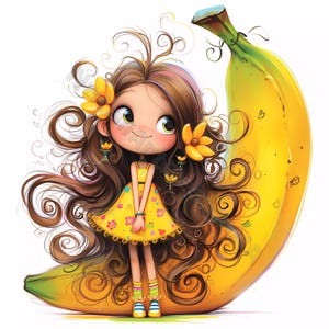Clip Art 10 haute résolution aquarelle fille banane JPG indésirable, scrapbooking, fabrication de cartes Kit de téléchargement numérique Fantasy original fruit