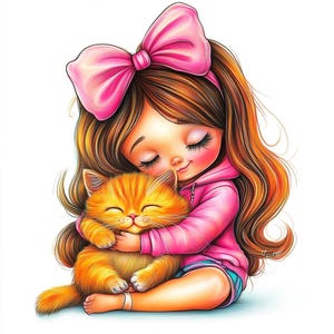 Quirky Girl With Cat Clip Art 10 High Res Watercolor JPGs for Junk Journals Scrapbooking Card Making Digital Download Fantasy Whimsical