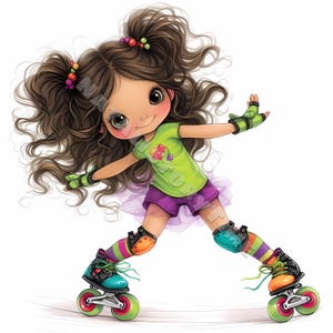 Fille de patinage à roulettes Clipart 10 haute résolution aquarelle JPG indésirable journaux Scrapbooking Carterie en téléchargement numérique Fantasy lunatique fille Sport