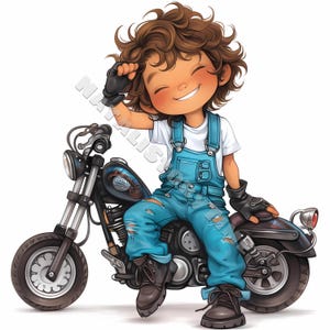 Clipart de chico motociclista peculiar 10 JPG de acuarela de alta resolución para diarios basura, álbumes de recortes, creación de tarjetas, descarga digital, motocicleta caprichosa de fantasía