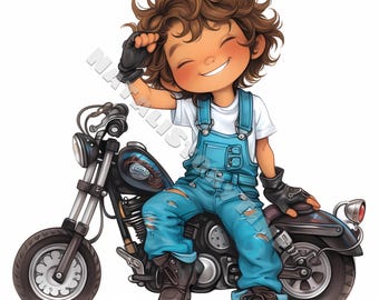 Clipart de chico motociclista peculiar 10 JPG de acuarela de alta resolución para diarios basura, álbumes de recortes, creación de tarjetas, descarga digital, motocicleta caprichosa de fantasía