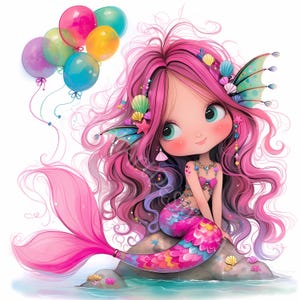 Ballons d'anniversaire de sirène Clip Art 10 haute résolution aquarelle JPG Journalisation indésirable, Scrapbooking, fabrication de cartes, Kit de téléchargement numérique, Fantasy