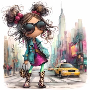Mode fille New York Clip Art 10 haute résolution aquarelle JPG indésirable journalisation, scrapbooking, fabrication de cartes Kit de téléchargement numérique Fantasy élégant