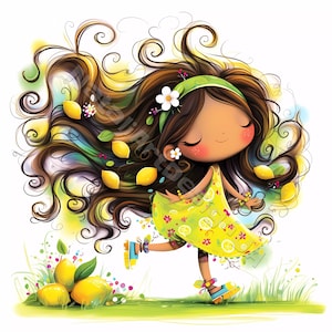 Fille citron décalée Clip Art 10 haute résolution aquarelle JPG, journal indésirable, scrapbooking, fabrication de cartes, kit de téléchargement numérique Fantasy original fruits