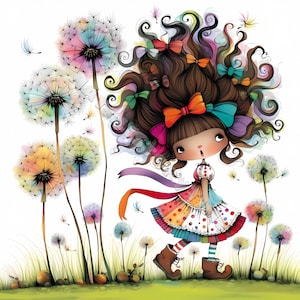 Fille pissenlit originale Clip Art 10 haute résolution JPG aquarelles, journalisation indésirable, scrapbooking fabrication de cartes Kit de téléchargement numérique fantaisie lunatique