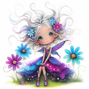 Clip art de hada azul peculiar, 10 archivos JPG de acuarela de alta resolución, kit de descarga digital, creación de álbumes de recortes, tarjetas, fantasía, caprichoso