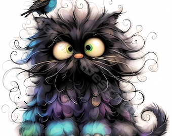 May include: A black cat with blue and purple fur and large, round eyes. The cat has a small bird perched on its head. The cat's fur is very fluffy and has a whimsical, cartoonish style.