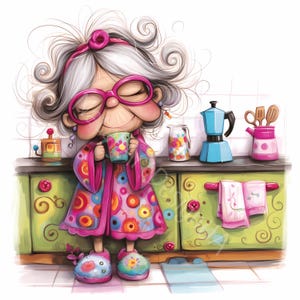 Abuela caprichosa y café Clipart 10 JPG de acuarela de alta resolución para diarios basura Scrapbooking Fabricación de tarjetas Descarga digital Fantasía