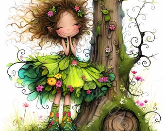 May include: A whimsical illustration of a girl with long brown hair wearing a green dress with floral accents. She is standing next to a tree with vines and flowers. The background is a white canvas.