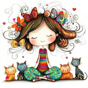 Filles fantaisistes amoureuses des chats Clipart 10 JPG aquarelle haute résolution pour journaux indésirables Scrapbooking Carterie en téléchargement numérique Fantasy original