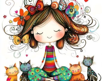 Whimsical cat lover girls Clipart 10 High Res Watercolor JPGs for Junk Journals Scrapbooking Card Making Digital Download Fantasy quirky