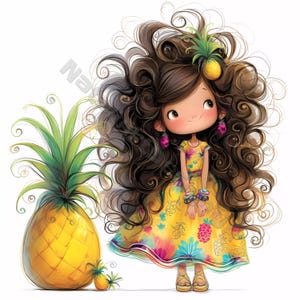 May include: A cartoon illustration of a girl with long brown curly hair wearing a yellow dress with a floral pattern and a pineapple on her head. She is standing next to a large pineapple.