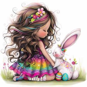 Ostern Kaninchen und Mädchen Clipart 10 hochauflösende Aquarell JPGs für Junk Journals Scrapbooking Kartenherstellung Digital Download Frühling Aquarell