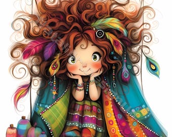 Tente de fille hippie originale Clip Art 10 JPG aquarelles haute résolution Journalisation indésirable, Scrapbooking, fabrication de cartes, Kit de téléchargement numérique, Bohème fantastique