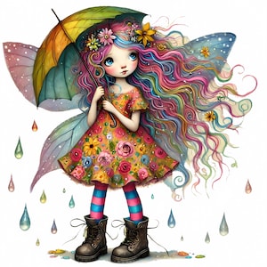 Clip art original fée de la pluie 10 fichiers JPG aquarelle haute résolution pour journalisation indésirable, scrapbooking, fabrication de cartes, kit de téléchargement numérique, fantaisie lunatique