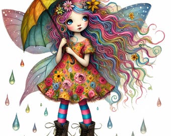 Quirky Rain Fairy Clip Art 10 High Res Watercolor JPGs for Junk Journaling Scrapbooking Card Making, Digital Download Kit, Fantasy Whimsical