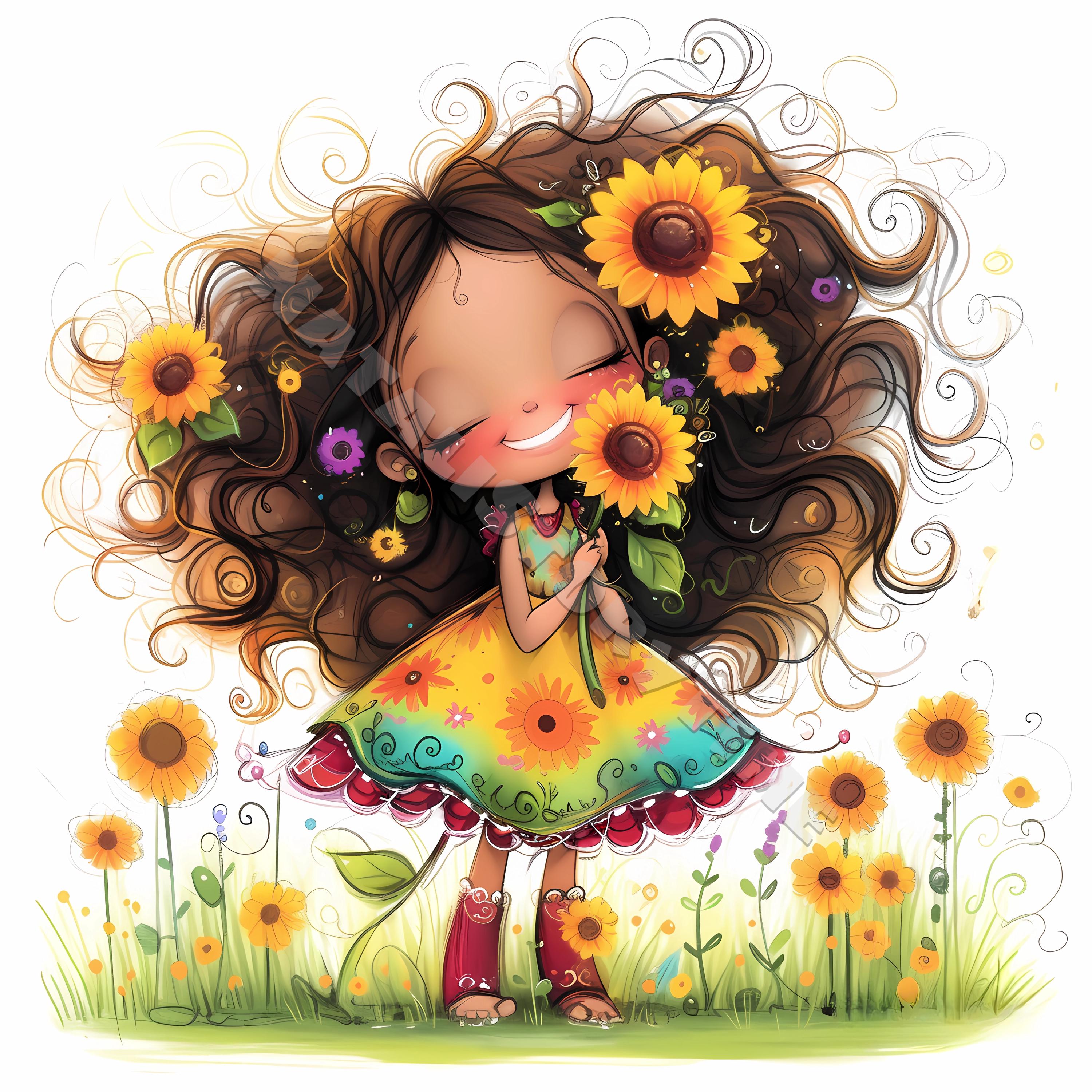 Whimsical Sunflower Girl Clip Art 10 High Res Watercolor Jpgs Junk ...