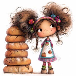 Fille lunatique de boulanger, clipart 10 haute résolution JPG aquarelles, journalisation indésirable, scrapbooking, fabrication de cartes, kit de téléchargement numérique fantaisie original