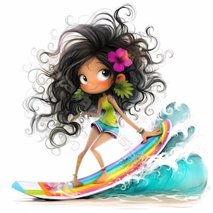 Surfeuse originale Clip Art 10 JPG aquarelles haute résolution courrier indésirable, scrapbooking, fabrication de cartes Kit de téléchargement numérique planche de surf fantastique