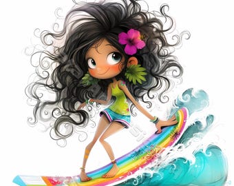 Quirky Surfer Girl Clip Art 10 High Res Watercolor Jpgs Junk
