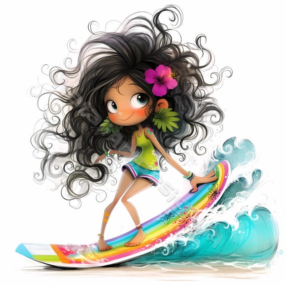 Quirky Surfer Girl Clip Art 10 High Res Watercolor Jpgs Junk