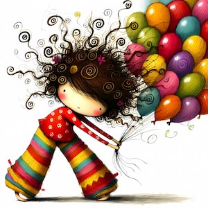 Geburtstagskind mit Luftballons Clipart, 10 JPG schrullig Mädchen, lustige Geburtstagskarte bday Bilder, Scrapbooking Clipart, skurrile Clipart