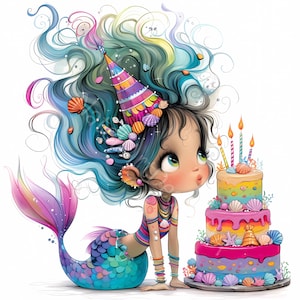 Gâteau d'anniversaire original sirène Clip Art 10 JPG aquarelles haute résolution : journalisation indésirable, scrapbooking, fabrication de cartes, Kit de téléchargement numérique, fantaisie