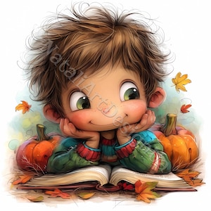 Herbstjungen mit Büchern Clip Art 10 hochauflösende JPGs in Aquarellfarben Junk Journaling Scrapbooking Kartenherstellung Digitaler Download Kit Fantasy schrullig