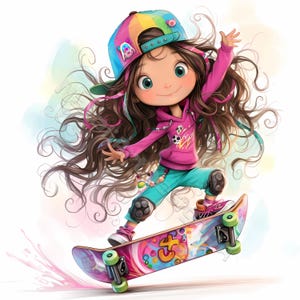 Fille de skateboard décalée Clip Art 10 JPG aquarelles haute résolution courrier indésirable, scrapbooking, fabrication de cartes Kit de téléchargement numérique Patineur fantastique