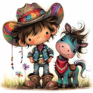 Eigenzinnige cowboy illustraties 10 high-res aquarel JPGs ongewenste journaling, scrapbooking, kaarten maken digitale download Kit Fantasy clipart western