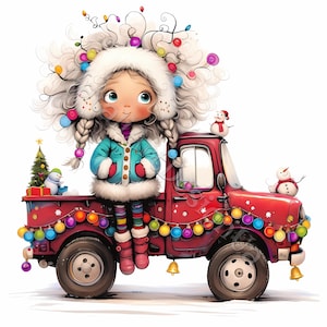 Ragazza del camioncino di Natale Clip Art 10 JPG ad acquerello ad alta risoluzione Kit di download digitale per scrapbooking, journaling e creazione di biglietti Fantasy