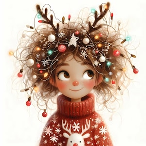 Schrulliges Weihnachtsmädchen mit Weihnachtskranz Clipart 10 hochauflösende JPGs in Aquarellfarben für Junk Journals Scrapbooking Kartenherstellung winter aquarell
