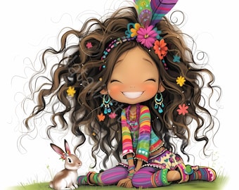 Hippie girl Clip Art 10 High Res Watercolor JPGs Junk Journaling, Scrapbooking, Card Making, Digital Download Kit, Fantasy, Whimsical
