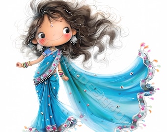 Whimsy Indian girl Clip Art 10 High Res Watercolor JPG Junk Journaling, Scrapbooking, Card Making Digital Download Kit Fantasy fashion