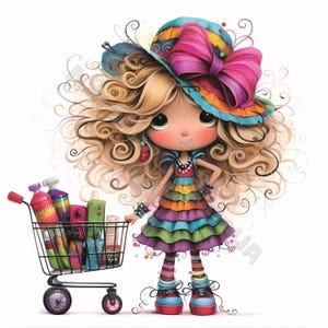Quirky shopping Clipart 10 High Res Watercolor JPGs for Junk Journals Scrapbooking Card Making Digital Download Fantasy Whimsical