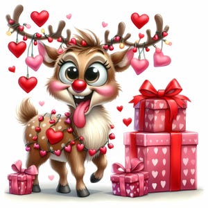 Clipart divertenti di animali di San Valentino 12 JPG ad alta risoluzione ad acquerello per diari spazzatura, scrapbooking, creazione di biglietti, download digitale, clipart di amore fantasy