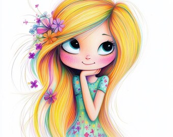 Girl with flowers hair Clipart 10 High Res Watercolor JPGs for Junk Journals Scrapbooking Card Making Digital Download Fantasy
