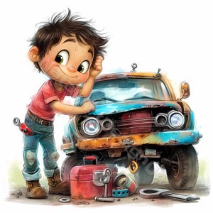 May include: A cartoon illustration of a young person in a red shirt and blue jeans working on a rusty blue car. The person is holding a wrench and looking at the car with a concerned expression. There are tools and a toolbox scattered around the car.