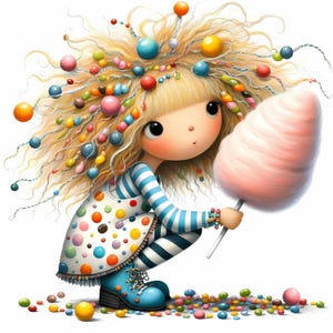 Fille barbe à papa 11 cliparts haute résolution aquarelle JPG pour journaux indésirables Scrapbooking fabrication de cartes en téléchargement numérique Fantasy fille lunatique