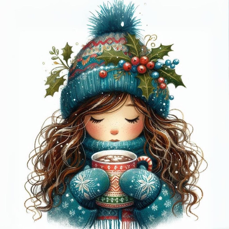 Puede incluir: Una ni&ntilde;a con un gorro azul de punto con una guirnalda de acebo verde y bayas rojas, sosteniendo una taza roja y blanca de chocolate caliente con malvaviscos. Lleva un su&eacute;ter azul y blanco con estampado y una bufanda azul.