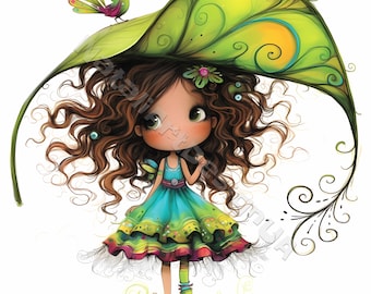 May include: A whimsical illustration of a girl with long brown curly hair wearing a colorful dress and a large green leaf hat. A small green bird with a long tail sits on the leaf.