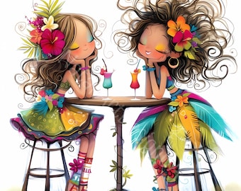 Hawaiiaanse vriendschap Clip Art 10 high-res aquarel jpg's voor ongewenste journaling scrapbooking kaarten maken digitale download Kit fantasie grillig