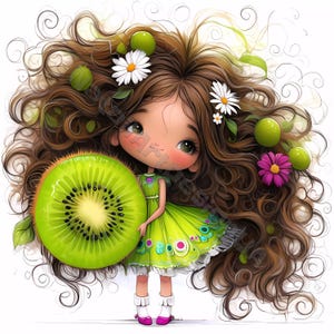 Fille kiwi originale Clip Art 10 JPG aquarelles haute résolution, journal indésirable, scrapbooking, fabrication de cartes, Kit de téléchargement numérique, fruit original fantastique
