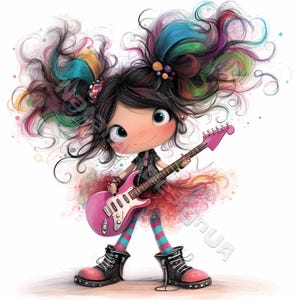 Chica estrella de rock peculiar Clipart 10 Alta resolución Acuarela JPG Revistas basura Scrapbooking Creación de tarjetas Descarga digital Fantasía Cantante caprichosa