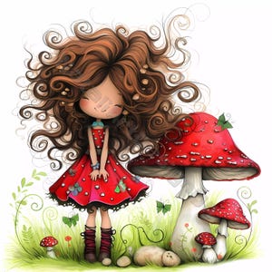 Amanita girl Clip Art 10 haute résolution aquarelle JPG indésirable journalisation, scrapbooking fabrication de cartes Kit de téléchargement numérique Fantasy forêt originale