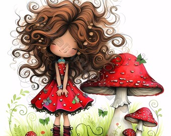 Amanita girl Clip Art 10 High Res Watercolor JPG Junk Journaling, Scrapbooking Card Making Digital Download Kit Fantasy quirky forest