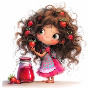 Fille de confiture de fraises Clip Art 10 haute résolution JPG aquarelles, journalisation indésirable, scrapbooking, fabrication de cartes, kit de téléchargement numérique fantaisie original