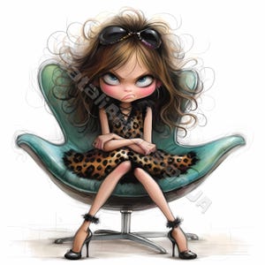 Grumpy fashionista girl Clipart 10 High Res Watercolor JPGs for Junk Journals Scrapbooking Card Making Digital Download Fantasy Whimsical