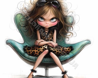 Grumpy fashionista girl Clipart 10 High Res Watercolor JPGs for Junk Journals Scrapbooking Card Making Digital Download Fantasy Whimsical